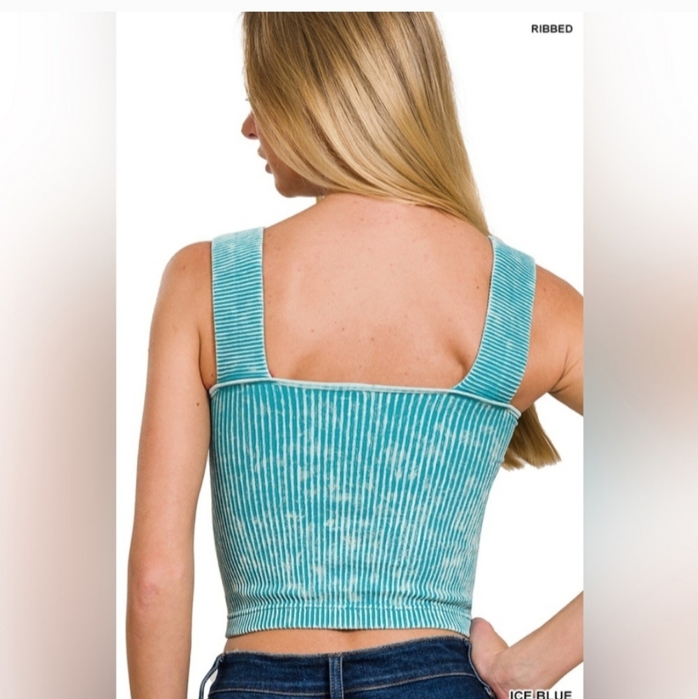 Ice Blue Washed Ribbed Seamless Top With Bra Pads NWOT - Picture 2 of 2